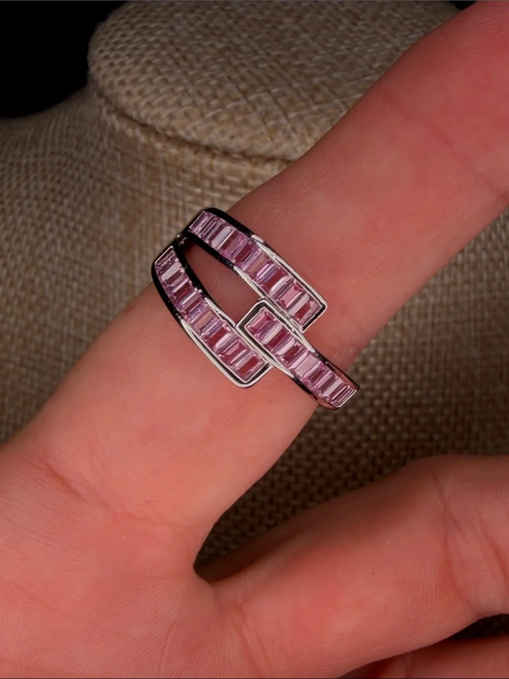Bomb Party Silvertone Pink Baguette Wrap Ring sz 7